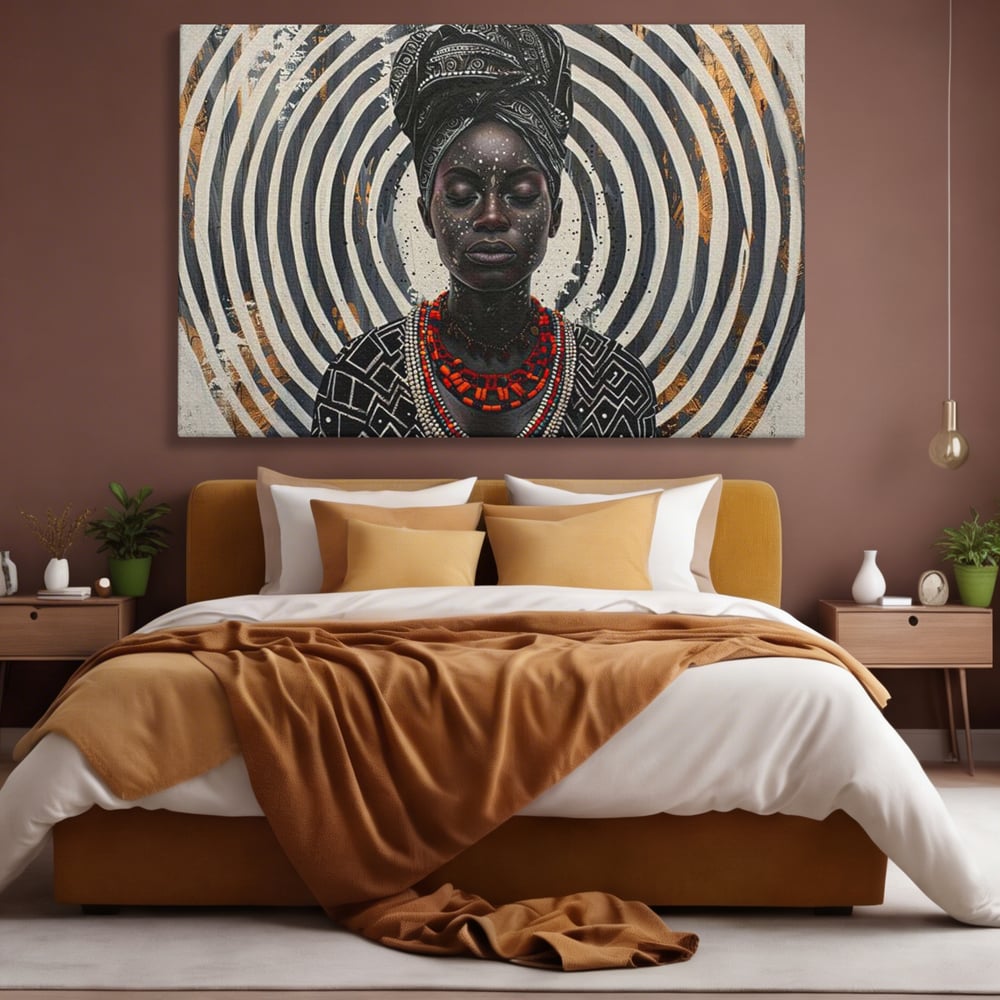 Tablou canvas cu tablou canvas cu regina africana, fara rama, pe sasiu de lemn, pe perete intr-un dormitor